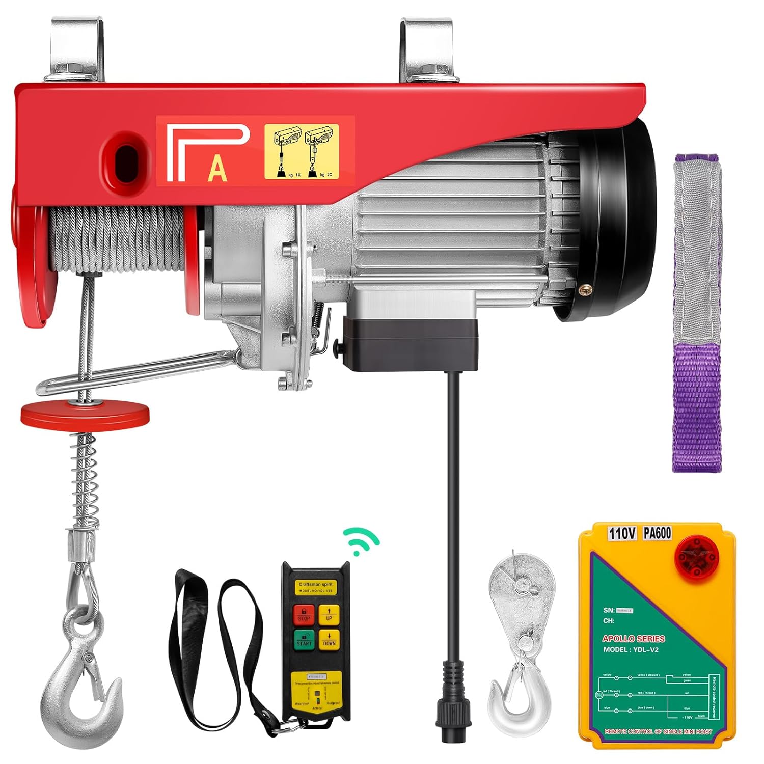 1320LBS Electric Hoist, 120V Electric Hoist with Wireless Remote Control, Single/Double Sling Electric Winch, Electric Hoist Winch, for Lifting in Factories, Warehouses, Buildings