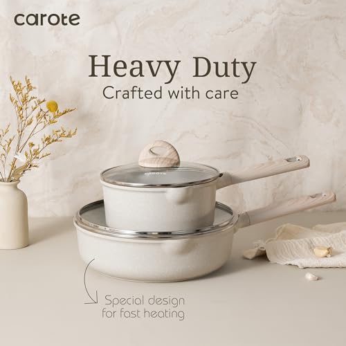 CAROTE 17pcs Pots and Pans Set Non Stick, Kitchen Cookware Sets, Easy to Clean Kitchen Induction Pots and Pans, Pot and Pan Sets for Cooking, Cream White