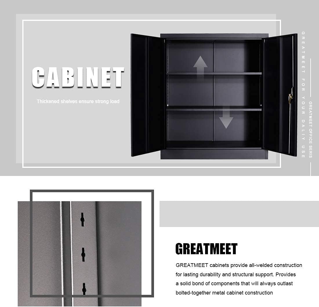 GREATMEET Metal Storage Cabinets with 2 Adjustable Shelves,41.6" H Locking Metal Cabinet Counter Office Storage Cabinet with Handle Security Lock for Home Office (Black 41.6" H)