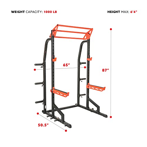 Sunny Health & Fitness Power Zone Half Rack Heavy Duty Performance Power Cage with J-Hooks, Adjustable Pull Up Bar Optional Bench with Dumbbell Rack, Premium Incline Bench, LAT Pull Down Attachment