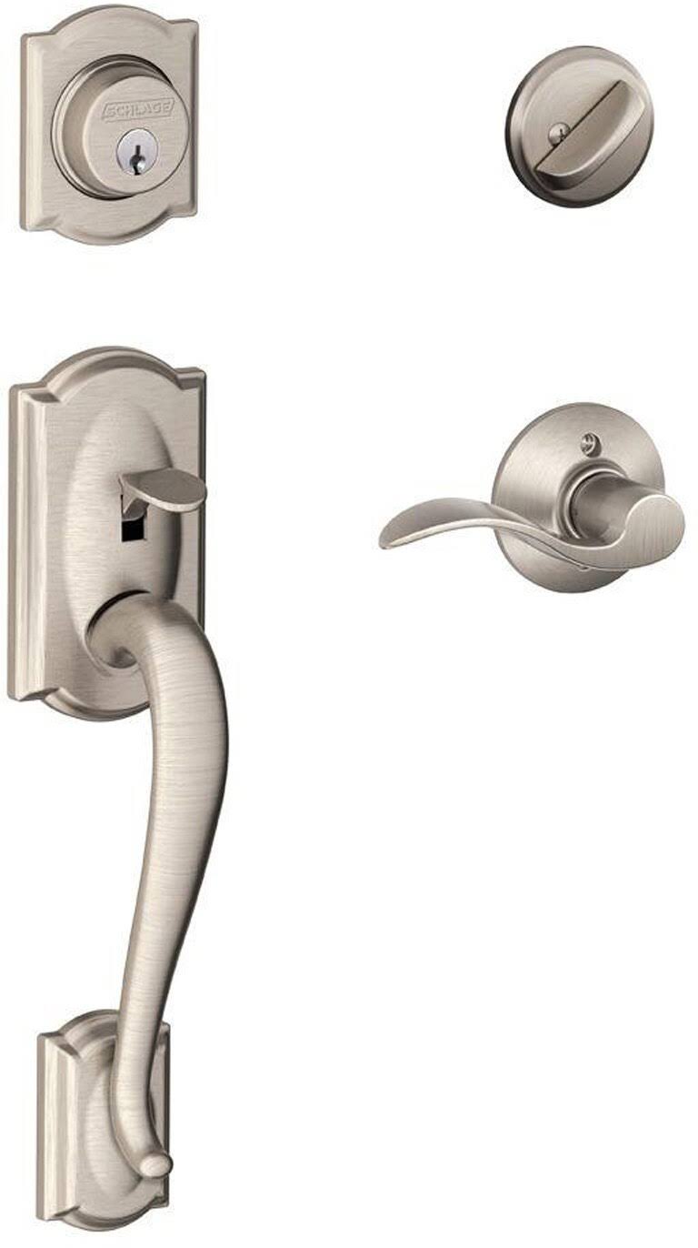 Schlage Single Cylinder Camelot Handleset and Accent Lever - Satin Nickel