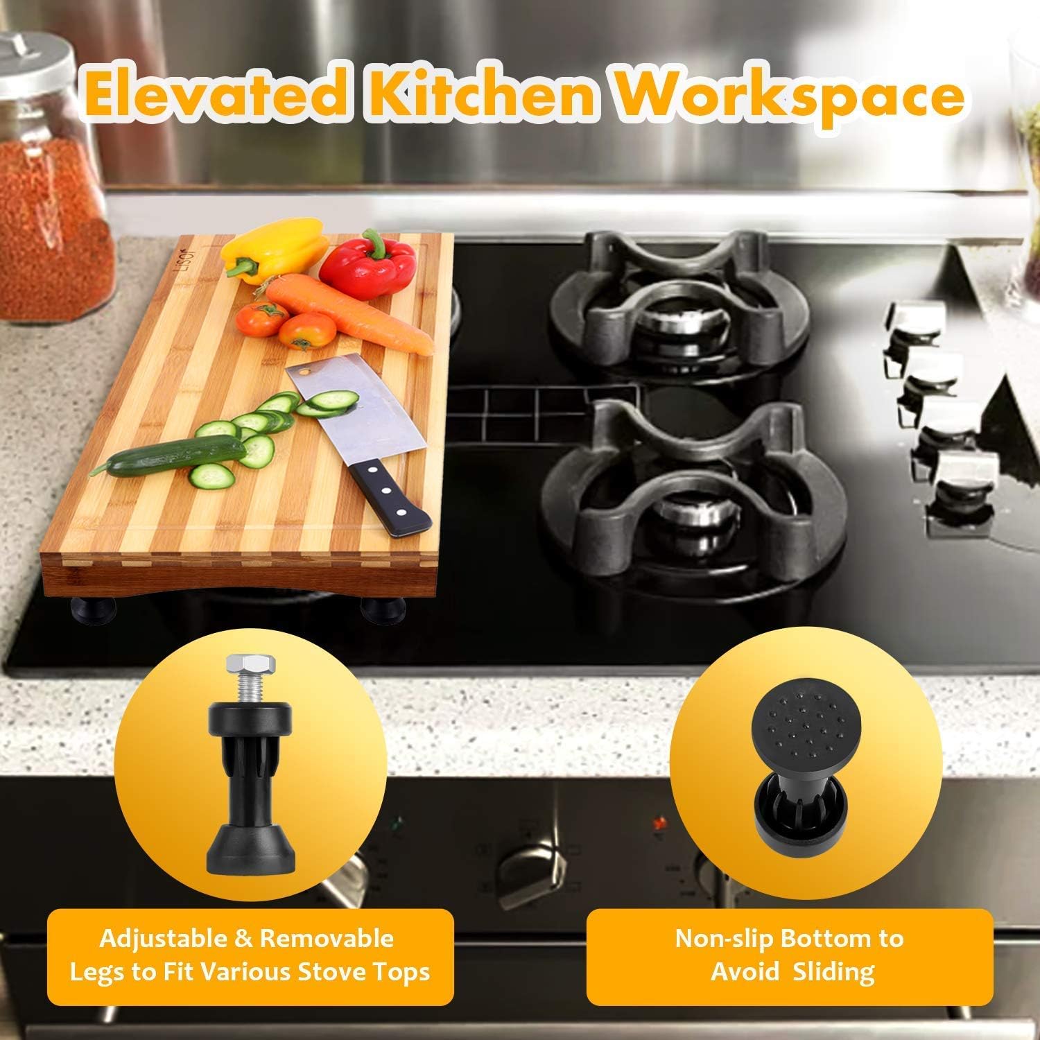 Bamboo Stovetop Cover&Countertop Cutting Board with Adjustable Legs, Dual-purpose Chopping Board for Electric Stove Burner, Workspace Block Cover for RV Camping Camper Gas Cook Top Cover