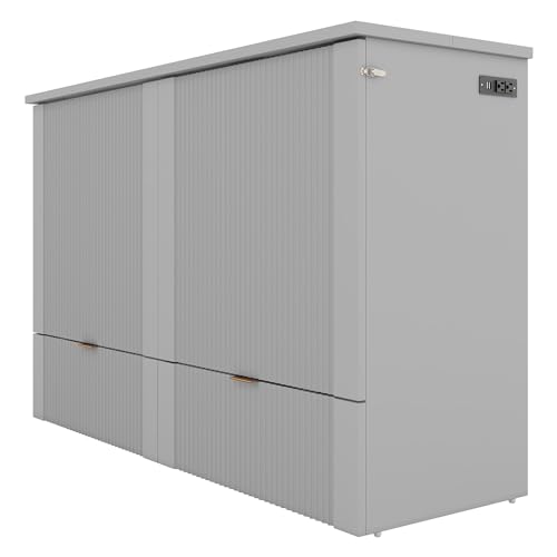 Full Size Murphy Bed Wall Bed with Storage Drawers, Wood Murphy Bed Chest with A Set of Sockets & USB Ports, Pulley Structure Design, Foldable Platform Bed for Home Office Small Room (Gray-74Q)