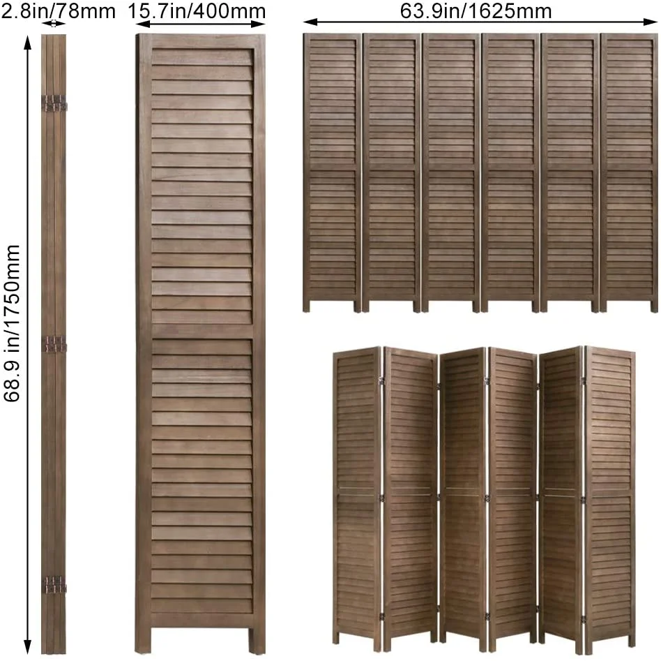 FDW Wood 6 Panel Room Divider Privacy Screen, 69" Tall, Light Brown