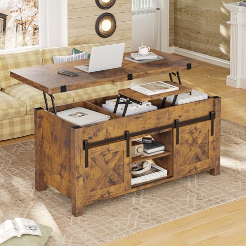 SEDETA Lift Top Coffee Table, 4 in 1 Multi-Function Convertible Coffee Tables with Storage and Hidden Compartment, Farmhouse Coffee Table Converts to Dining Table for Living Room, Grey