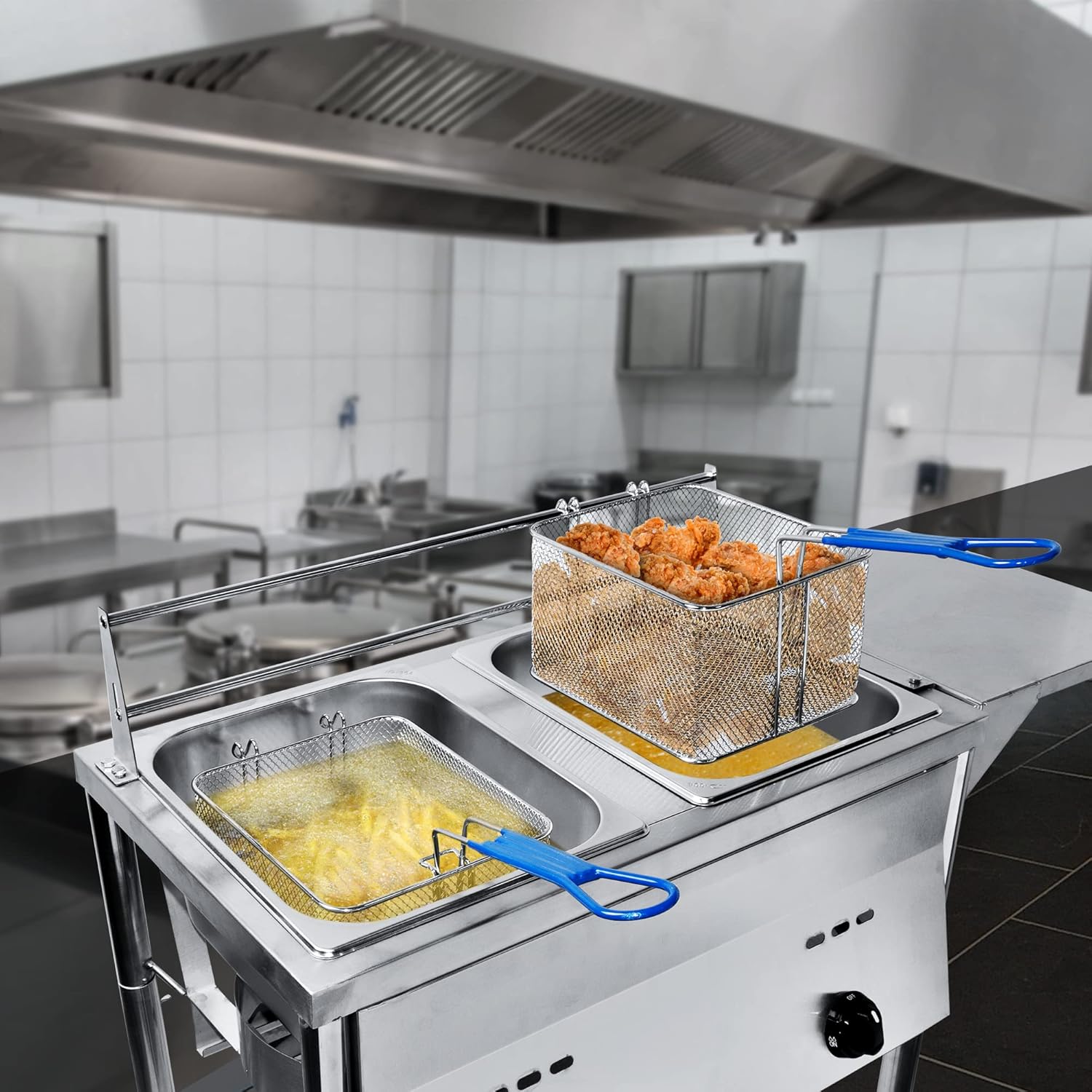 Silver Deep Fryer with Thermometer, Propane Deep Fryer with 2 Stainless Steel Baskets & Lids, Adjustable Temperature with Regulating Knobs