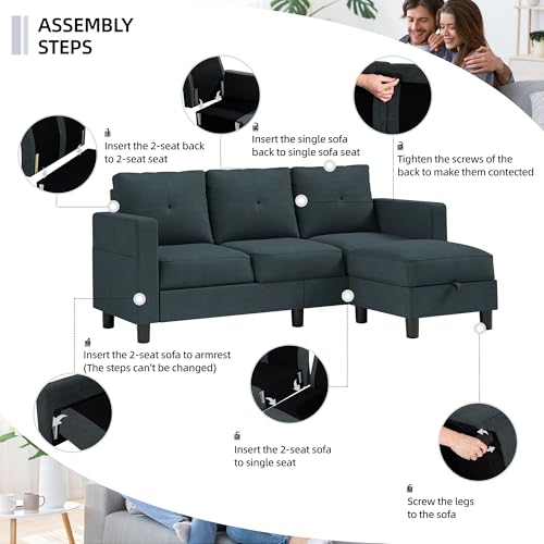 Shintenchi Upholstered Convertible Sectional Sofa for Living Room, 3 Seat L Shaped Couches with Storage Function Ottoman, Modern Linen Convertible Sofas with Reversible Chaise