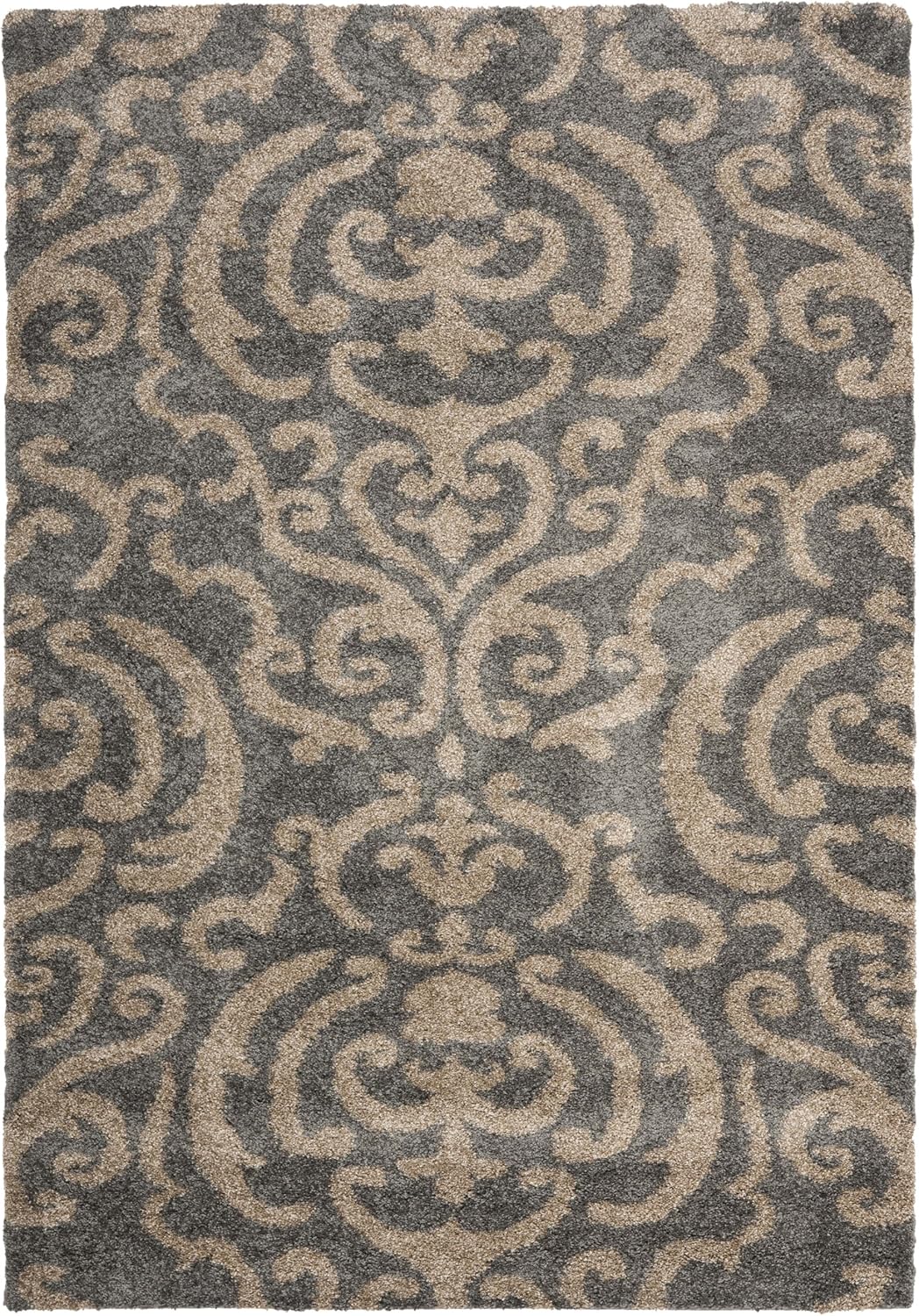 SAFAVIEH Florida Shag Collection Area Rug - 5'3" x 7'6", Grey & Beige, Damask Design, Non-Shedding & Easy Care, 1.2-inch Thick Ideal for High Traffic Areas in Living Room, Bedroom (SG462-8013)