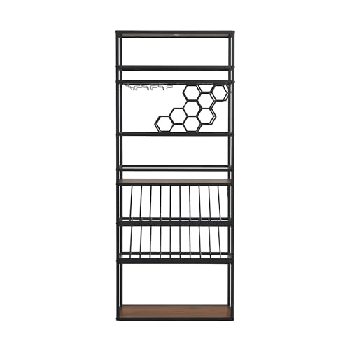 Merax Wine Rack with LED Lights & Glass Holder, Contemporary Freestanding 7-Tier Tall Bar Cabinet, Luxury Kitchen Furniture for Liquor Storage, Black Gold