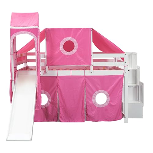 House Full Loft Bed with Slide,Storage Stairs and Tent, Wood Kids Loft Bunk Bed with Tower and Ladders, Playhouse Full Bed Frame for Kids, Teens, Boys & Girls (Full, Dark Blue)