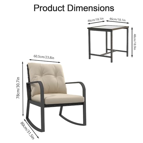 3 Piece Rocking Bistro Patio Set, Outdoor Rocking Chair, Outdoor Bistro Sets Wicker Patio Furniture Rocking Chairs Sectional Couch with Tempered Glass Top Coffee Table & Cushions, Dark Blue