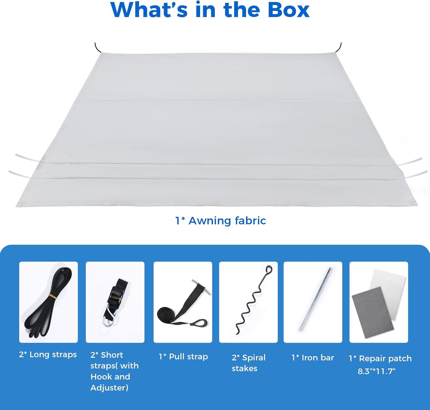 Fonzier 280GSM RV Awning Fabric Replacement Solution Dyed Fabric Camper Awning Replacement Fabric with Awning Anchor Kits & Pull Tension Strap for RV Trailer Motorhome - 21'(Fabric 20'2"), Gray
