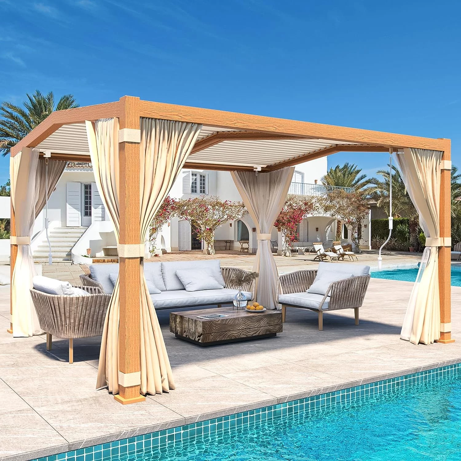 Richryce 11x13ft Louvered Pergola with Adjustable Rainproof Roof, Wood Grain Outdoor Aluminum Pergola for Patio, Lawn & Garden, Curtains and Netting Included - Curated Treasures Market
