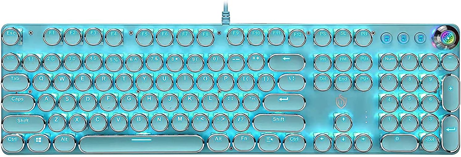Mechanical Keyboard LED Backlit Retro USB Keyboard -Blue Switch - Retro Style and Round Keycaps -104 Keys Vintage Steampunk Gaming Multimedia Macro Program Keyboard (White)