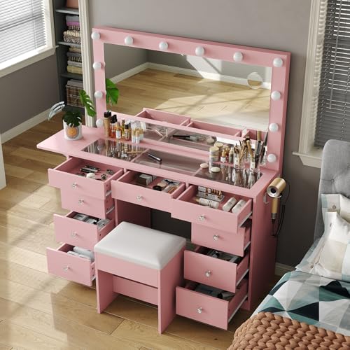 Vanity Desk with Power Outlet, 9 Drawers Makeup Vanity with Mirror and 12 LED Lights, 3 Lighting Modes, Glass Top Vanity Set, Fold-up Panel, Dressing Table for Bedroom
