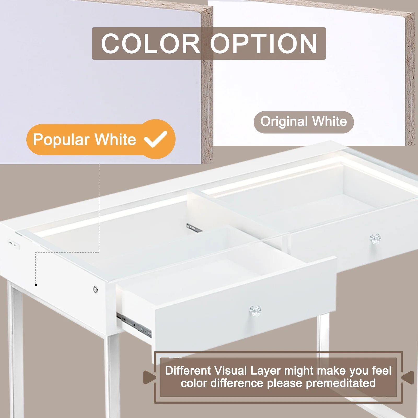 VANITII 13 Drawers Modern Makeup Vanity Table Desk with Lights Charging Port Stainless, for Bedroom