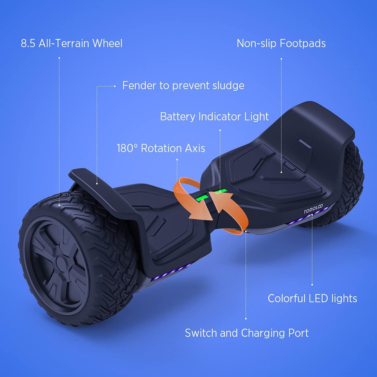 Tomoloo Hoverboard Off Road with Bluetooth and LED Lights, 8.5'' All Terrain Hoverboards for Kids and Adults with APP Control, UL2272 Certified Self Balancing Hover Board Electric Scooter