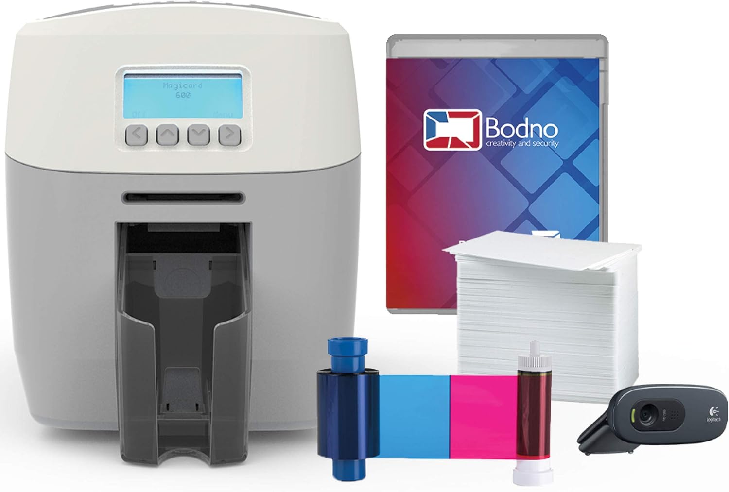 Magicard 600 Single Sided ID Card Printer & Complete Supplies Package with Bodno ID Software - Silver Edition