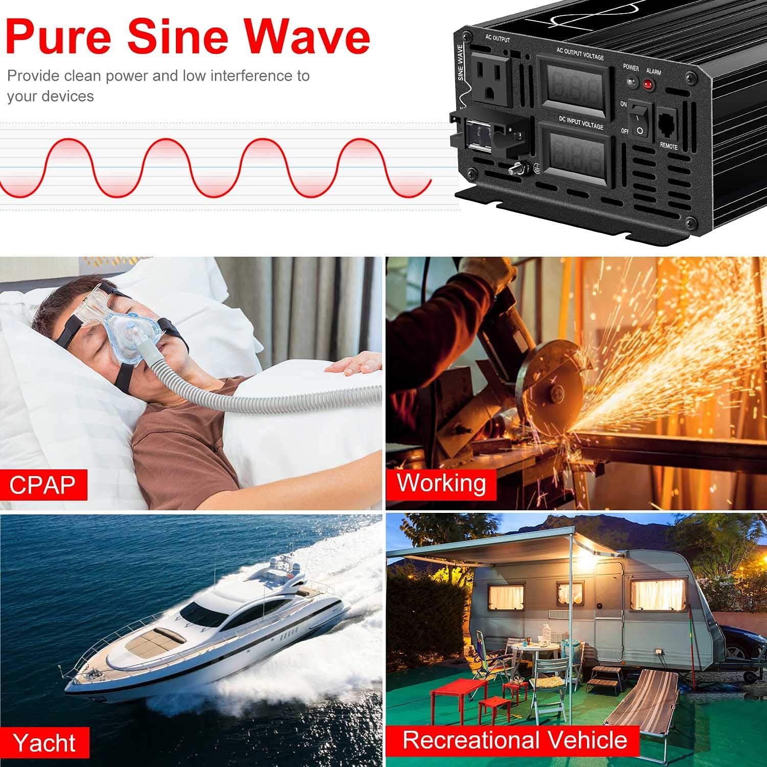 Xijia 3000W (Peak Power 6000W) Pure Sine Wave Power Inverter DC24V to 110V 120V ac Converter 60HZ with Soft Start for car &Camping (DC24V (Range 20V-30V) 3000W)