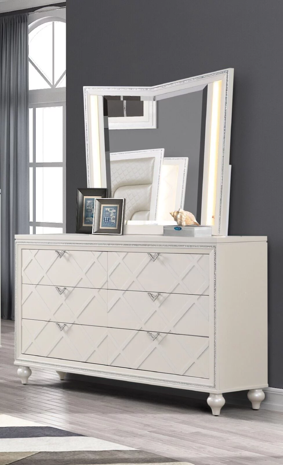 Modern 5pc Luxury Silver King Size Storage LED Headboard Bed Dresser Mirror Nightstand Bedroom Furniture