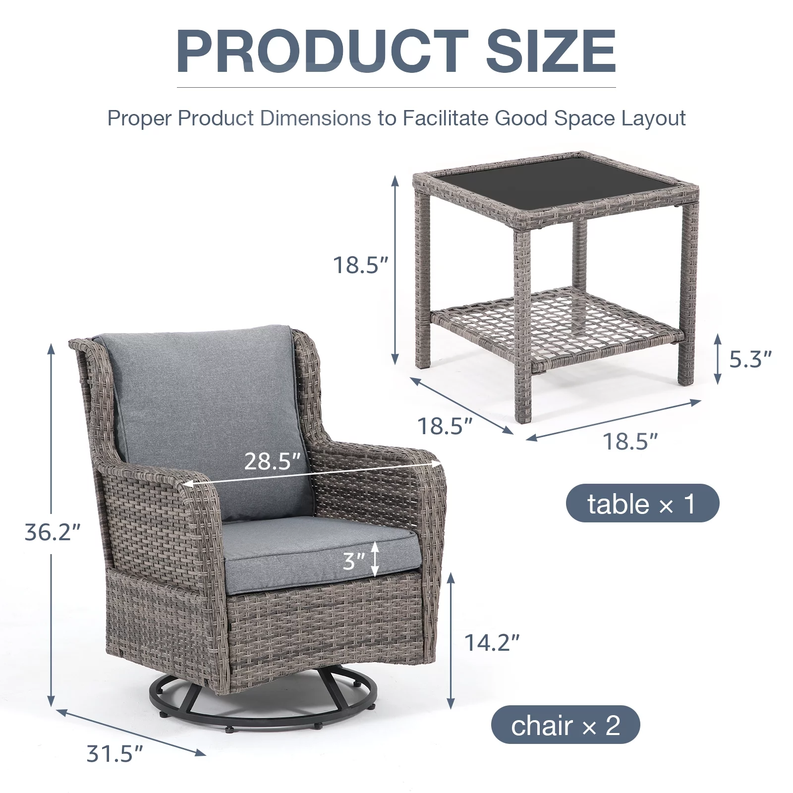 JOIVI Patio Swivel Rocker Set, Outdoor Wicker Swivel Rocking Chairs with Side Table, 3 Pieces All-weather Rattan Furniture Bistro Set with Thick Cushions, Iron Frame, Gray