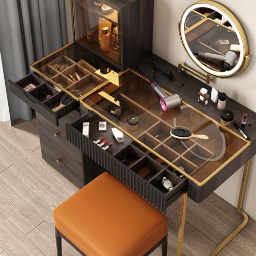 POVISON Makeup Vanity Desk with Mirror & LED Light, Easy Assembly, Mid Century Modern Dresser Desk, Dressing Table with Stool & Charging Station, 5 Drawers, Tempered Glass Top (Wood, 47")