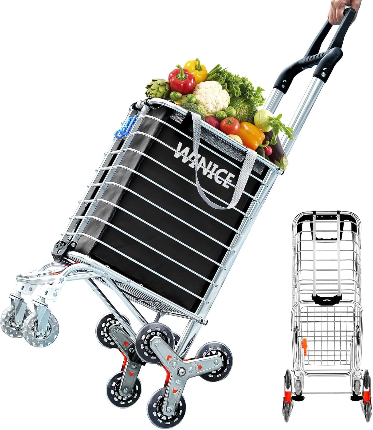 Devo Shopping Cart, Grocery Cart on Wheels Heavy Duty, Stair Climbing Cart with Tri-Wheels,Swivel Handle,Foldable Utility cart for Mom (Blue 1)