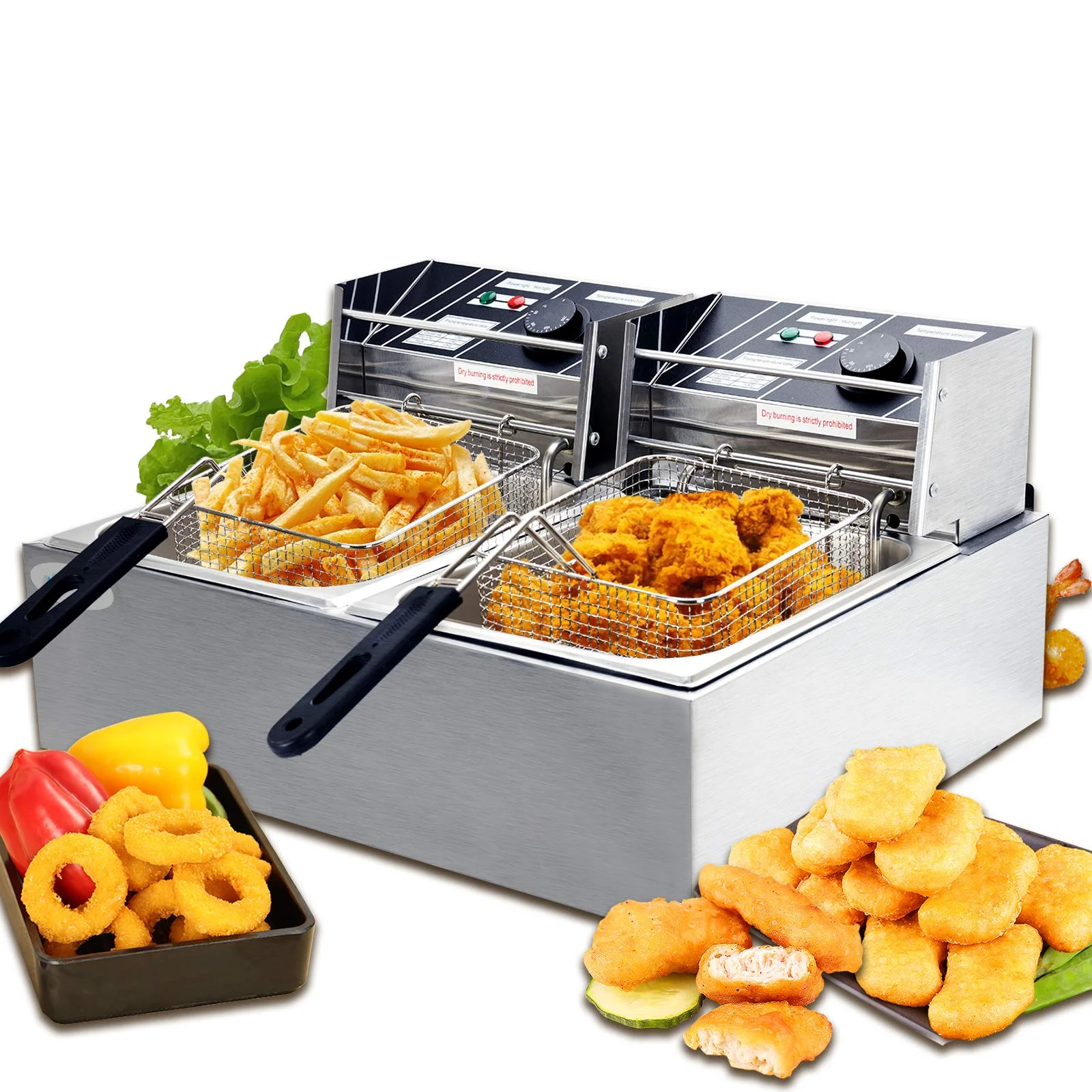 SUNCOO 16Liter Large Electric Fryer Deep Fryer Commercial French Fryer Countertop with Removable Baskets Stainless Steel Restaurant Home Kitchen 2 Baskets Double Tank 3600W