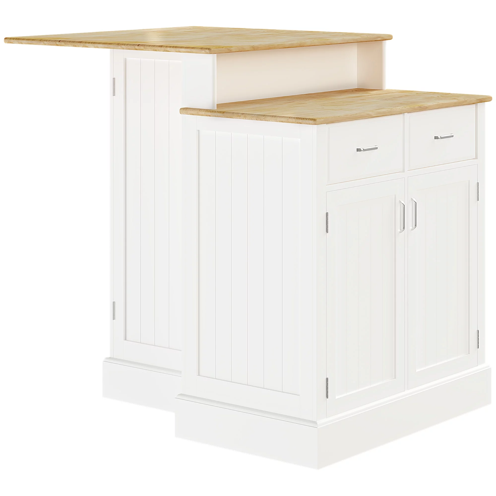HOMCOM Kitchen Island with Storage Cabinet and 2-Level Rubber Wood Tabletop, Island Table with Adjustable Shelves and Drawers, White