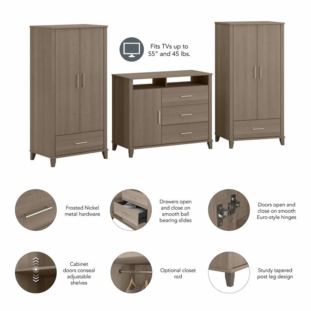 Somerset Armoire Cabinets & Dresser TV Stand in Ash Gray - Engineered Wood