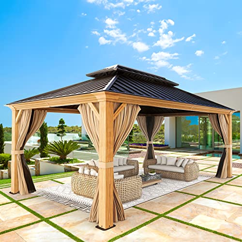YOLENY 10' x 12' Hardtop Gazebo, Wood-Looking Gazebo with Galvanized Steel Double Roof, Aluminum Frame, Permanent Metal Pavilion with Netting and Curtains for Deck, Backyard, Patio and Lawns