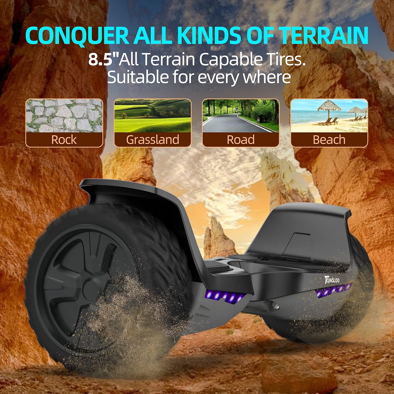 TOMOLOO Hoverboard Offroad All Terrain 8.5 for Kids Hover Board Music-Rhythmed Two-Wheel Self Balancing Adults Huverboard with Bluetooth Speakers and Lights UL2272 Certified and App-Enabled