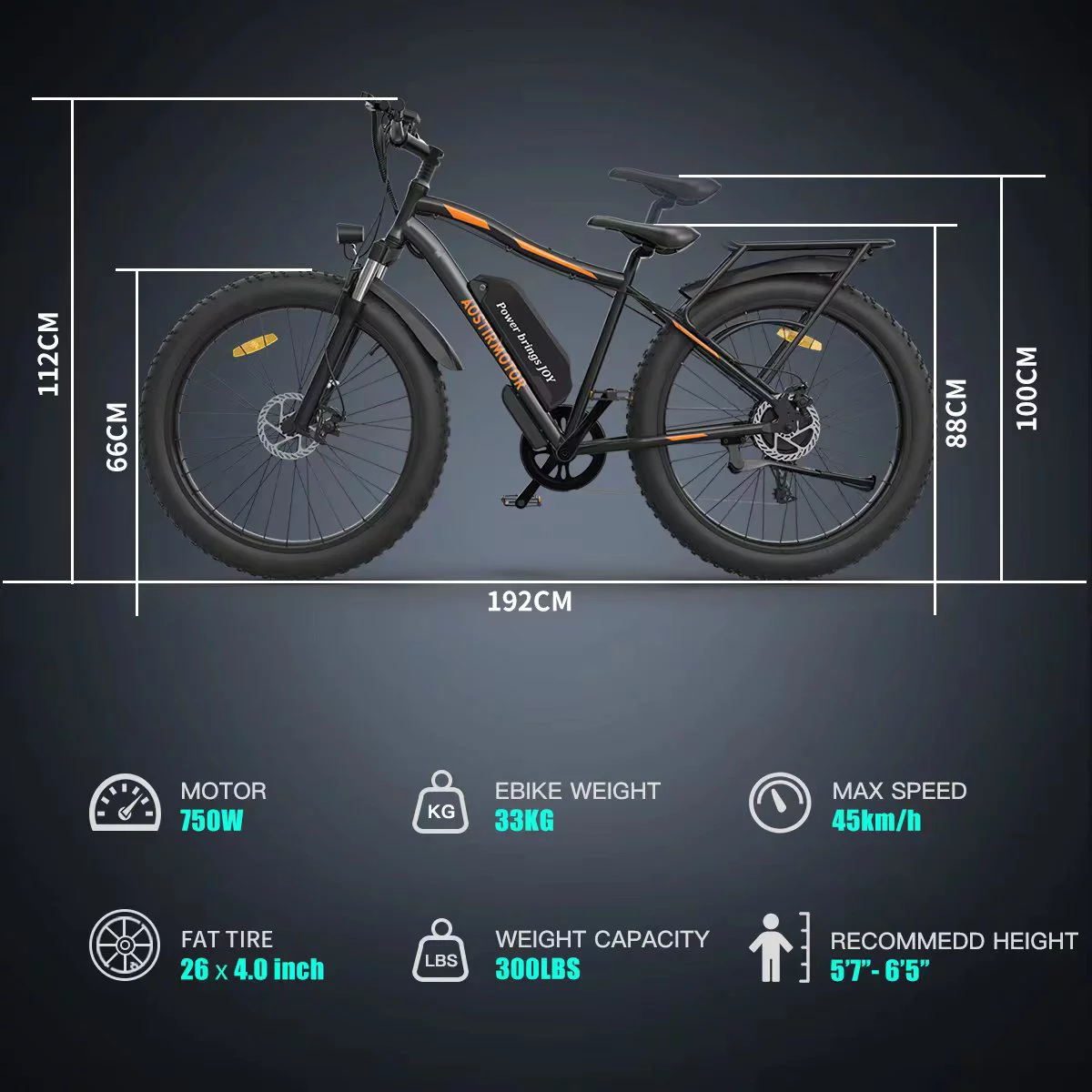 Aostirmotor Electric Bike with  48V 13AH Battery with Rack and Fender,26x4.0 inch Fat Tire Ebike for Adults(Black)