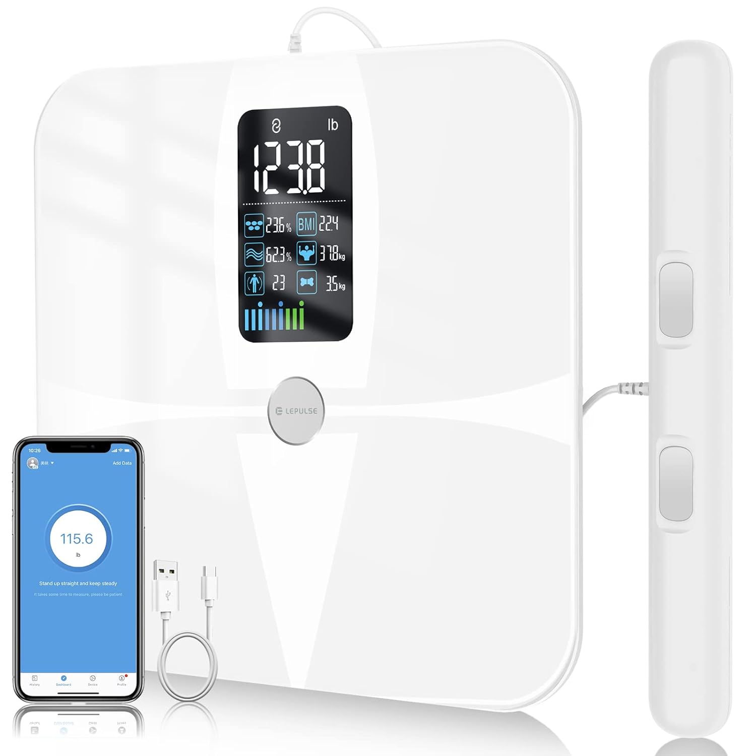 Scales for Body Weight and Fat, Lepulse Large Display Body Fat Scale with 8 Electrodes, Rechargeable Digital Bathroom Weight Scale, High Accurate BMI Smart Scale, 13 Body Compositions Monitor with App Pack of 2