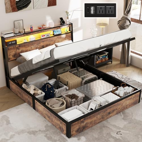 SADENICEL Queen Bed Frame with Storage Headboard and 4 Drawers, Metal Platform Bed Frame with LED Light, Charging Station, No Box Spring Needed, Noise Free, Easy Assembly, Vintage Brown