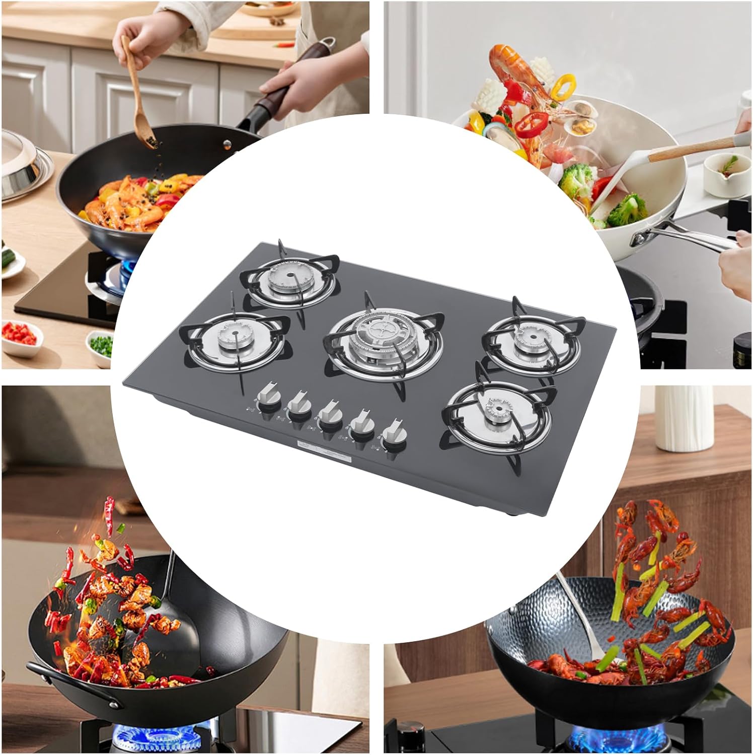 30 Inch Gas Cooktop, 5 Burners Gas Stovetop Cooktop Tempered Glass Built-in LPG/NG Convertible Gas Hobs Cooker for HomeKitchen, Restaurant