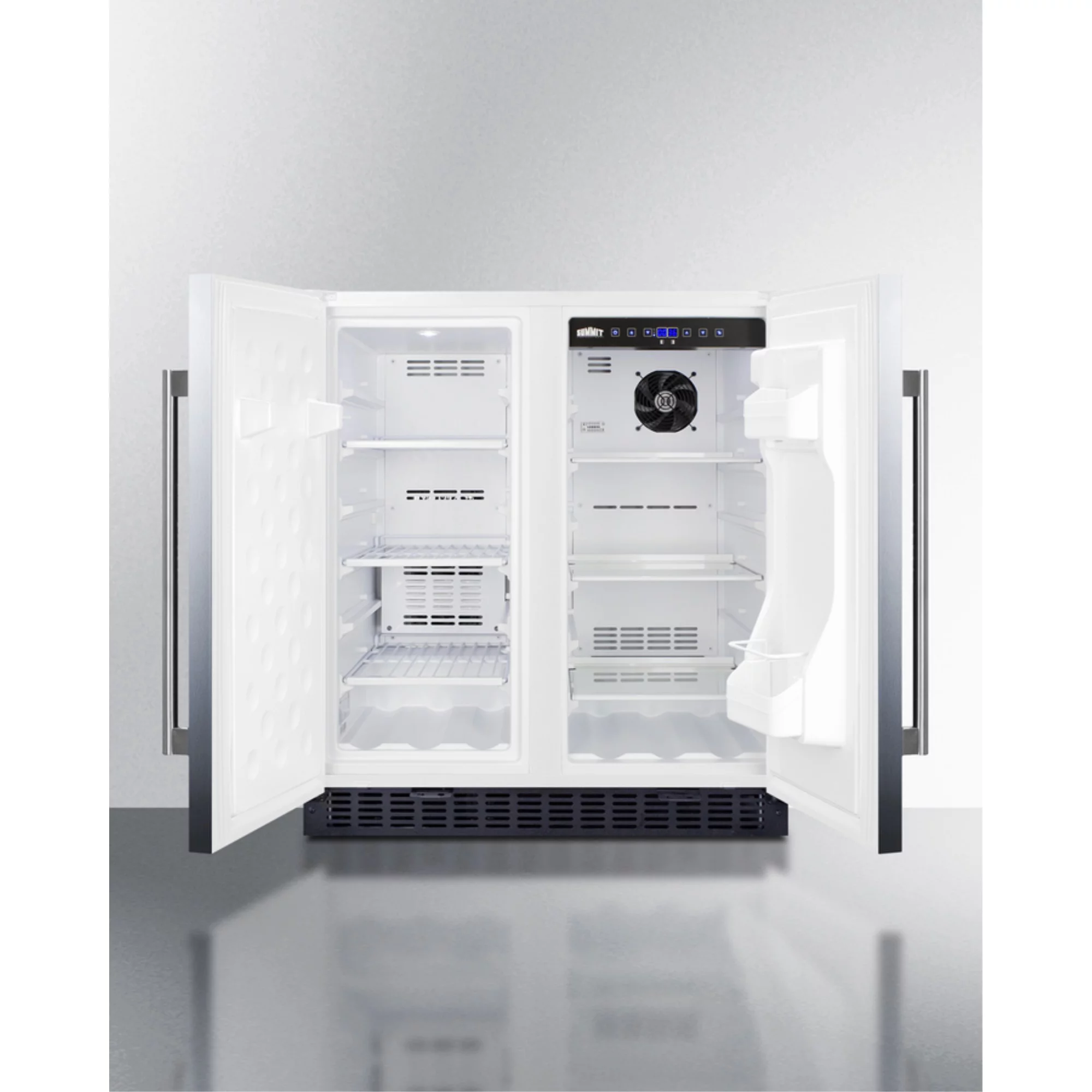 30" wide undercounter frost-free side-by-side refrigerator-freezer in stainless steel with locks, stainless steel handles, and digital controls