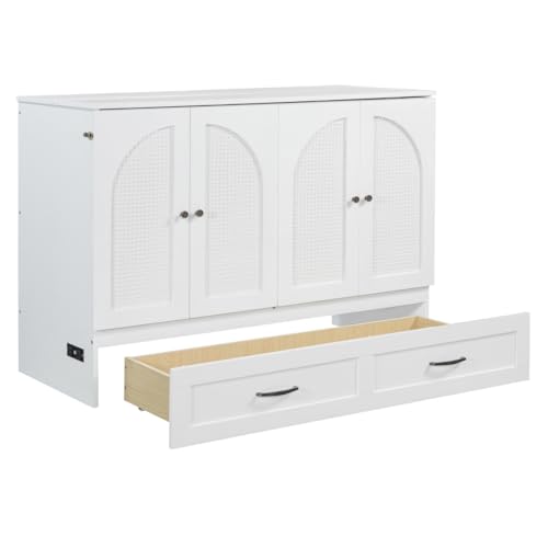 Full Size Murphy Bed Cabinet, Solid Wood Murphy Bed with Charging Station and Large Storage Drawer, Wall Mounted Foldable Platform Bed, Space Saving for Guest Room, Office, Gray