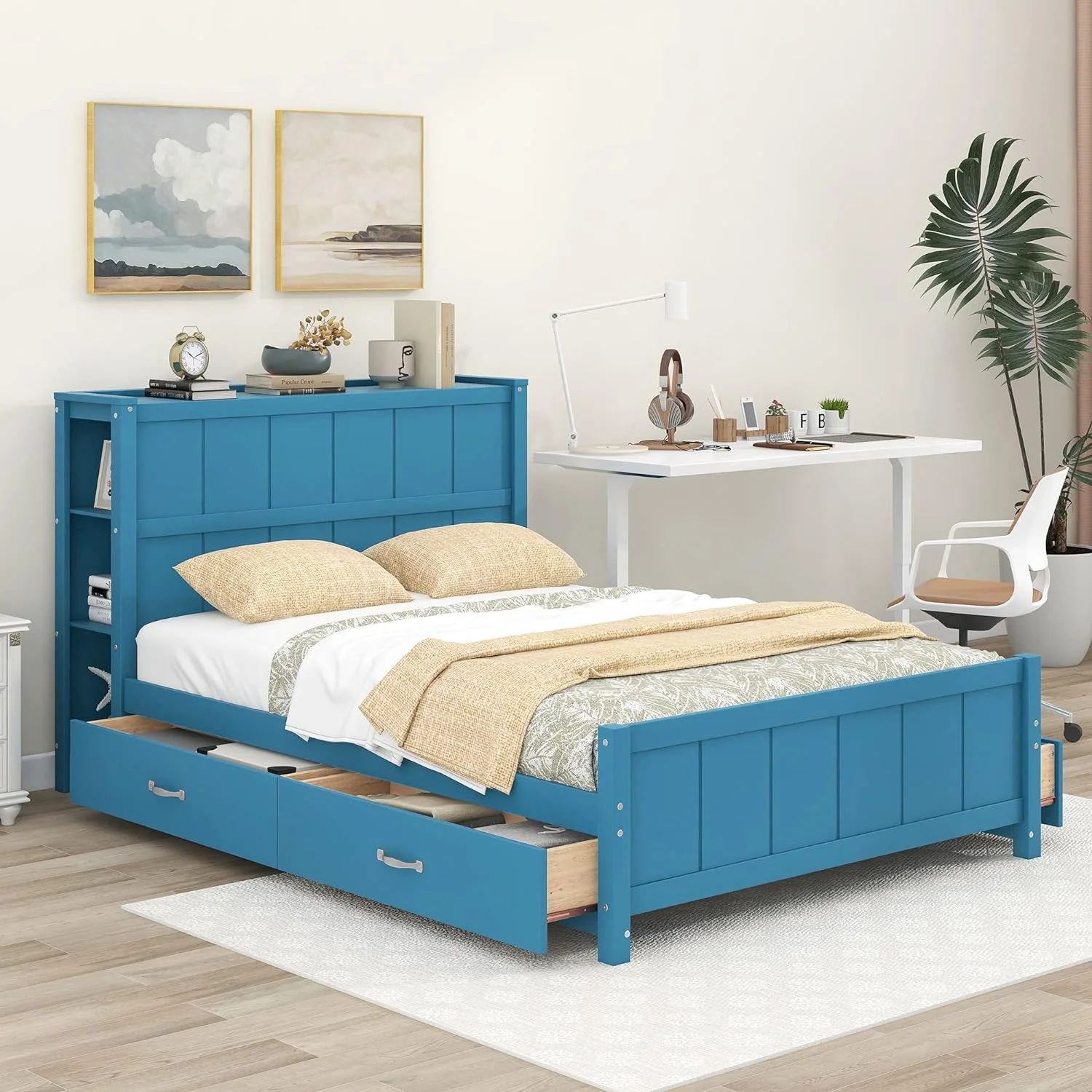 Full Size Platform Bed With Storage Drawer And Shelves,Wooden Full Bed Frame With Headboard And Footboard For Kids, Teens, Adults(Blue)
