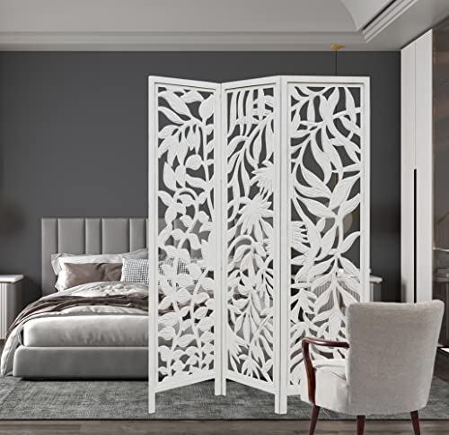 Room Divider Wood Screen - Ghanti Bells Antique Brown - 4 Panel Folding 72 x 80 - Assembled Hand Carved Decorative Functional Versatile Portable Partition Reversible Privacy Boho - COTTON CRAFT