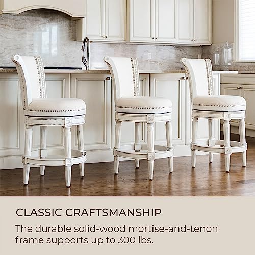Maven Lane Pullman 31 Inch Tall Bar Height Upholstered Barstool with Back in Weathered Oak Finish with Sand Color Fabric Cushion Seat, Set of 3