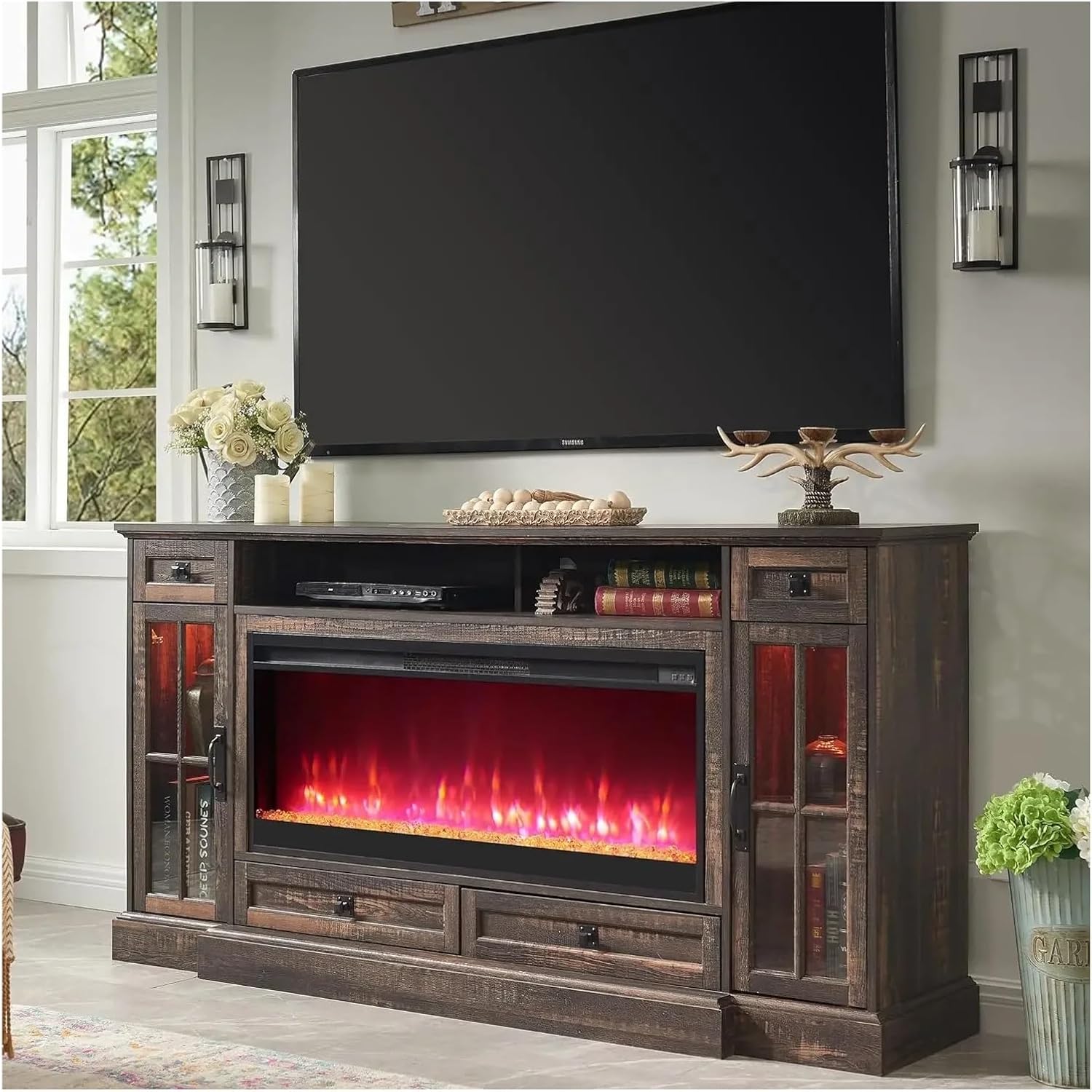 Tv cabinet, TV stand with 42 inch fireplace, entertainment center with LED lights, media console with 80 inch fireplace TV stand