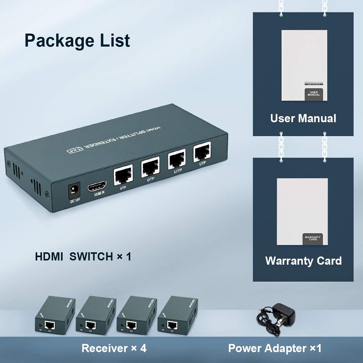 HDMI Extender Splitter 1x4, 1080P@60Hz, Extending 165ft (50m) Length Transmission Over CAT5e/CAT6/CAT7 Cable, 4 Channel Transmission Only 1 Power Adapter