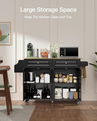 Kitchen Island with Drop Leaf and Storage, on Wheels Two Drawers, Large Storage Cabinet, Towel Rack Spice Cart Brown