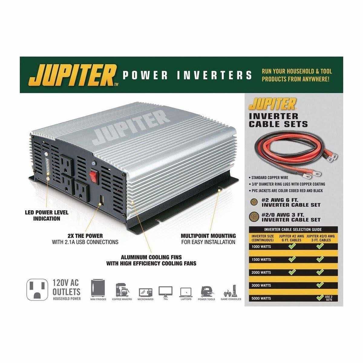 Jupiter Power Inverter 2000w converts vehicle 12v Dc to House 120v Power 3-120v Ac outlets 1-2.1amp Usb plus protection from hi/lo