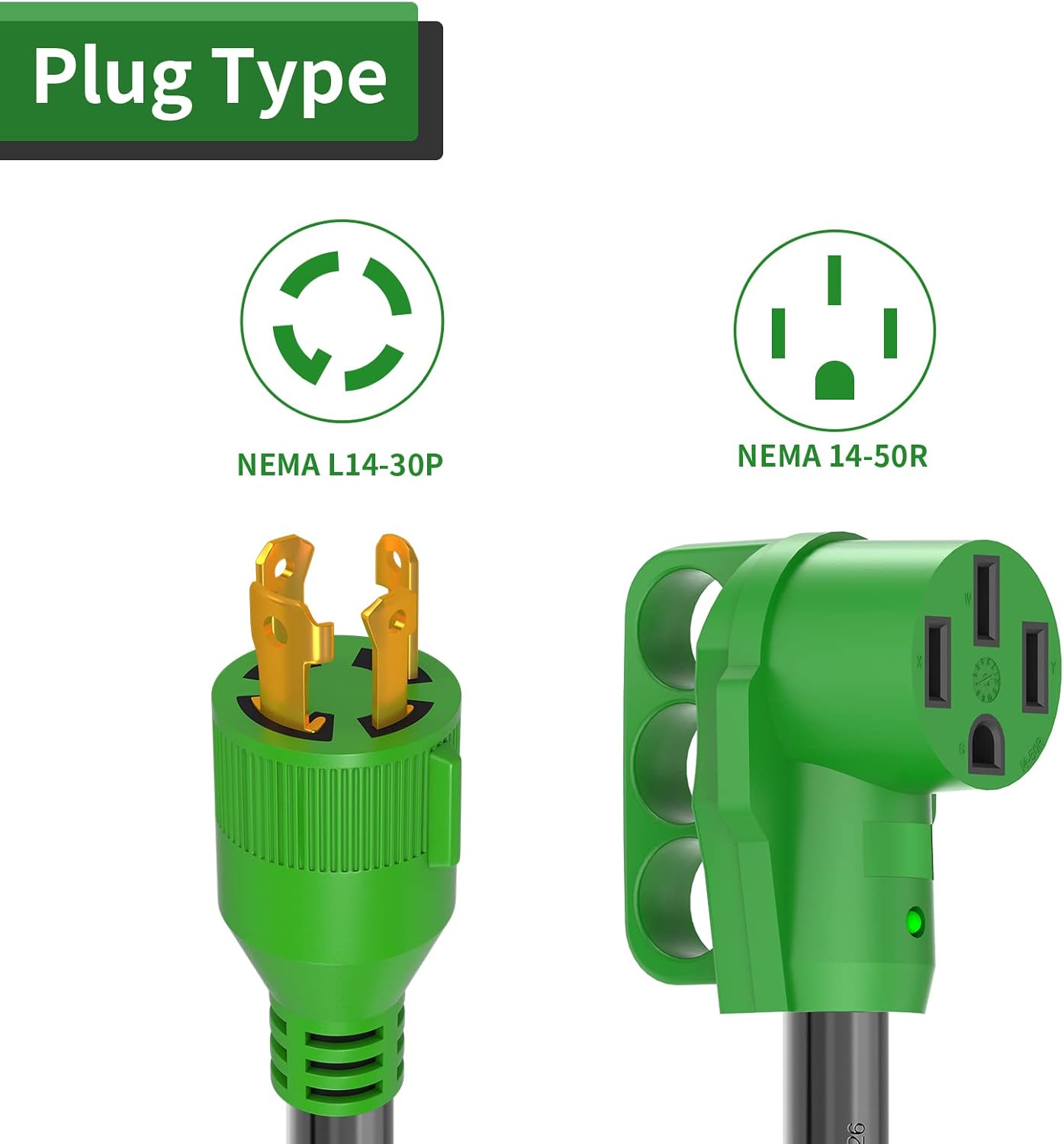 RVGUARD 4 Prong 30 Amp to 30 Amp RV Generator Adapter Cord 12 Inch, STW 10/3, L14-30P Locking Male Plug to TT-30R Female with LED Power Indicator, Green