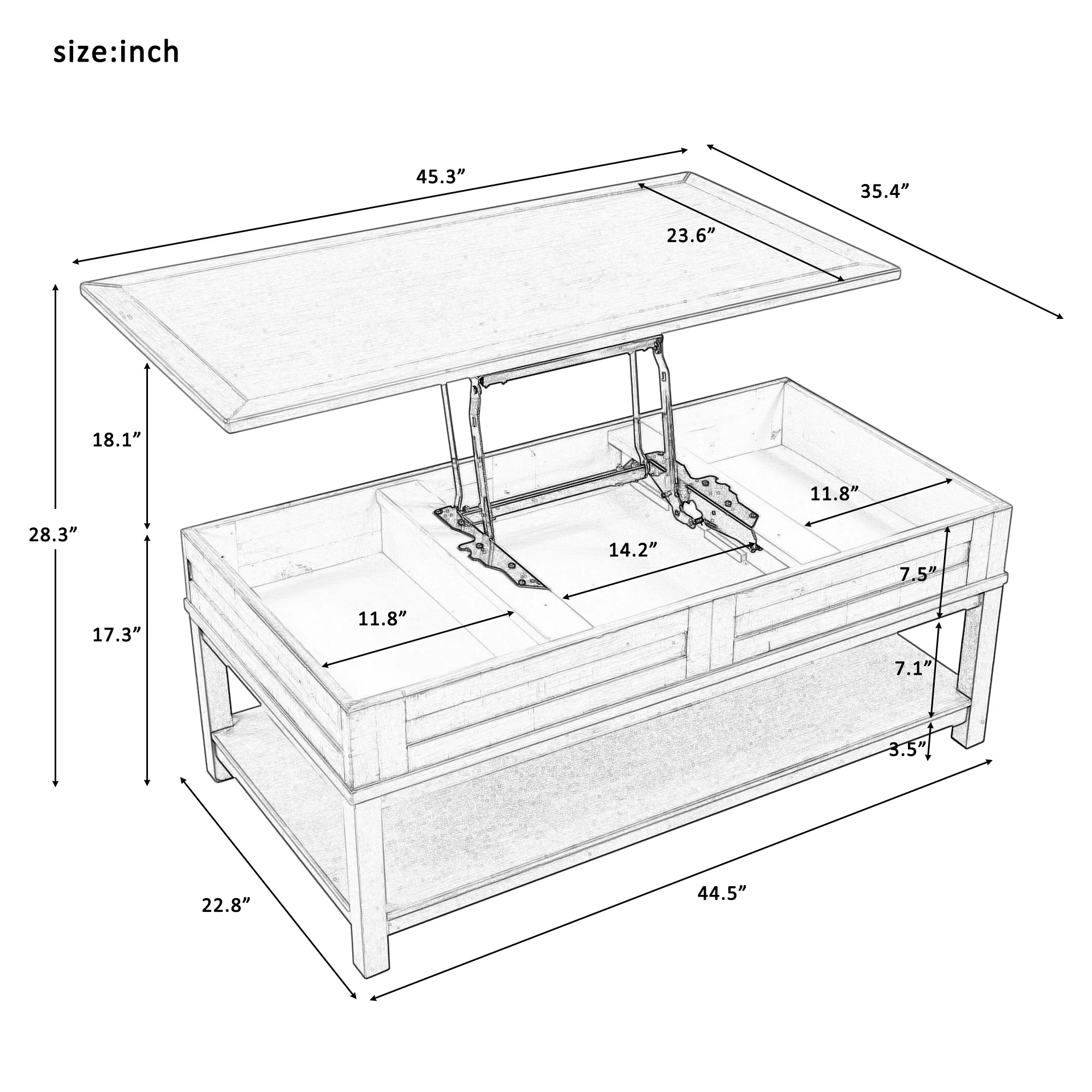 Lift Top Coffee Table with Hidden Storage Compartment and Lower Shelf for Living Room, Solid Wood Legs Inner Storage Space and Shelf for Living Room - Curated Treasures Market
