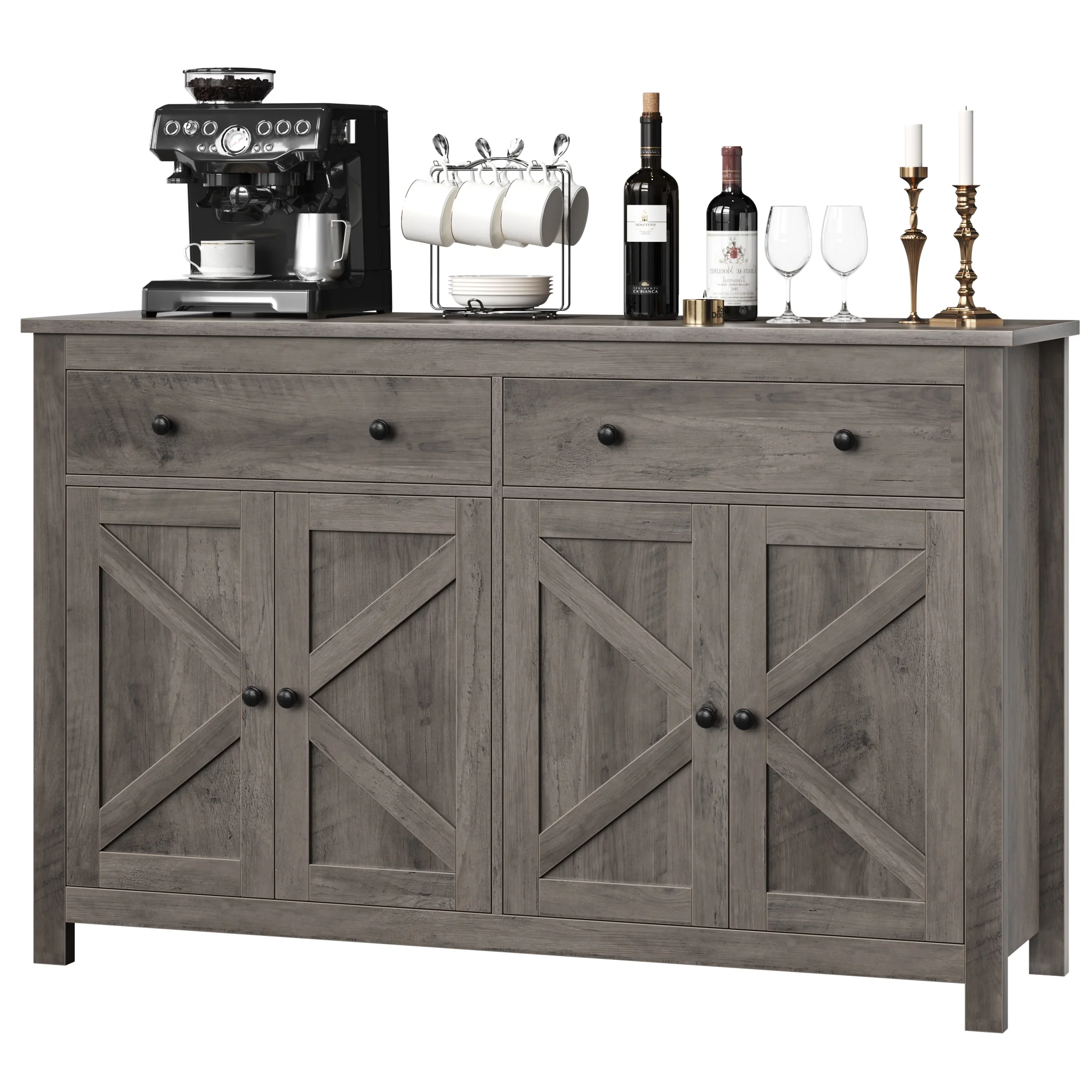 Homfa Farmhouse Kitchen Sideboard, 4-Doors 2-Drawers Wood Buffet Cabinet with Adjustable Shelves, Gray