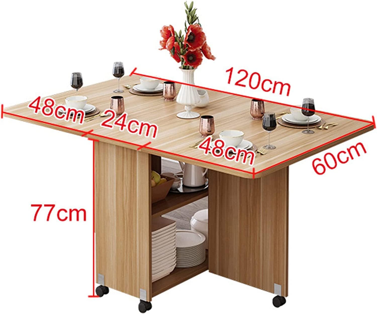 Kitchen Dinner Table, Expandable Folding Dining Table with 6 Wheels, Rectangle Wood Drop Leaf Table, Round Edge Design, for Small Space Dining Table for Kitchen, Living Room,1.2m