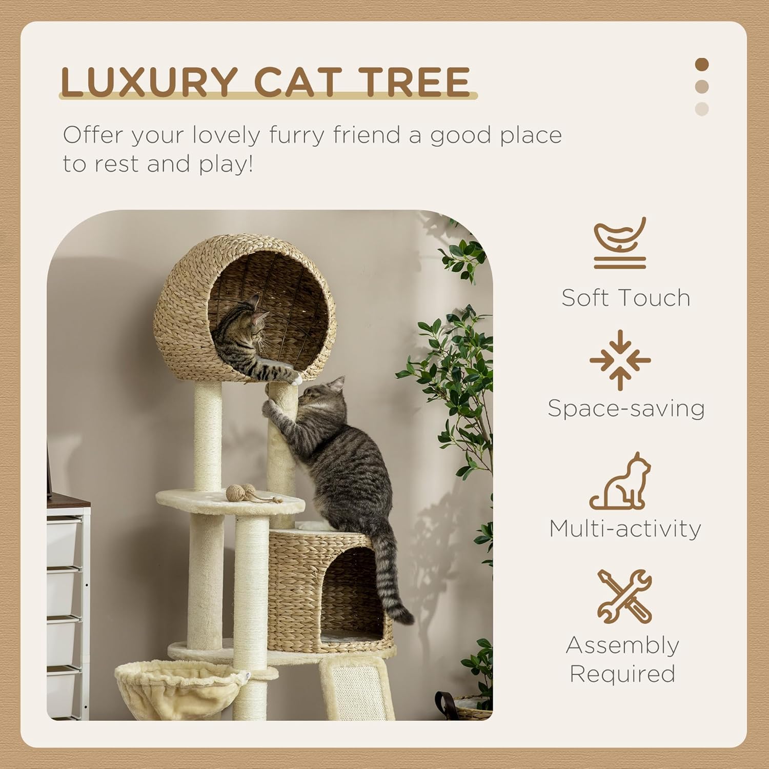 PawHut 59 Inch Cat Tree for Indoor Cats, Cat Tower with Cat Condo, Hammock, Perches, Scratching Posts, Ramp for Large Cats, Beige